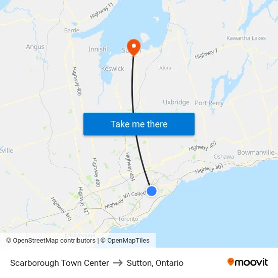 Scarborough Town Center to Sutton, Ontario map