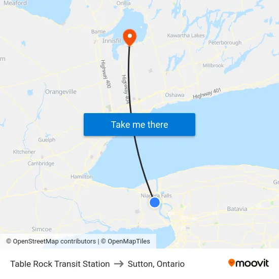 Table Rock Transit Station to Sutton, Ontario map
