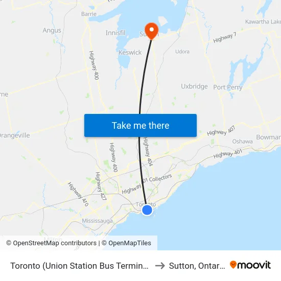 Toronto (Union Station Bus Terminal) to Sutton, Ontario map