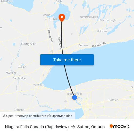 Niagara Falls Canada (Rapidsview) to Sutton, Ontario map