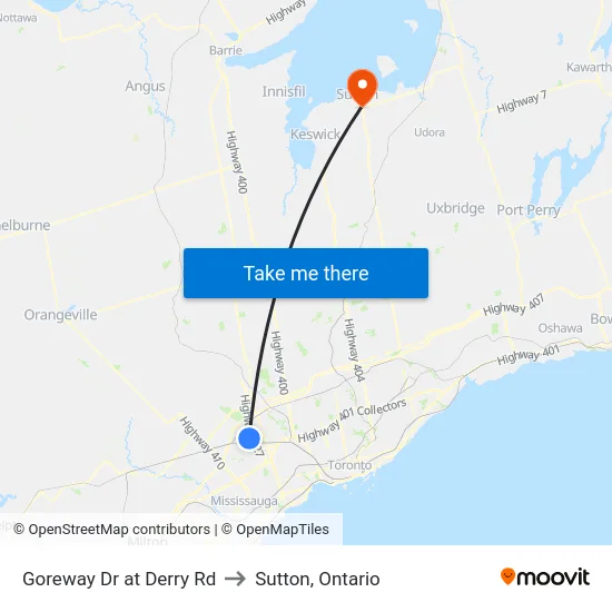 Goreway Dr at Derry Rd to Sutton, Ontario map