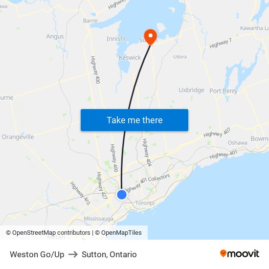 Weston Go/Up to Sutton, Ontario map