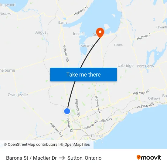Barons St / Mactier Dr to Sutton, Ontario map