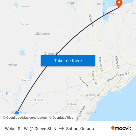 Weber St. W. @ Queen St. N. to Sutton, Ontario map