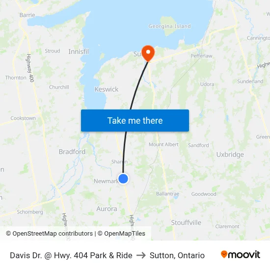 Davis Dr. @ Hwy. 404 Park & Ride to Sutton, Ontario map