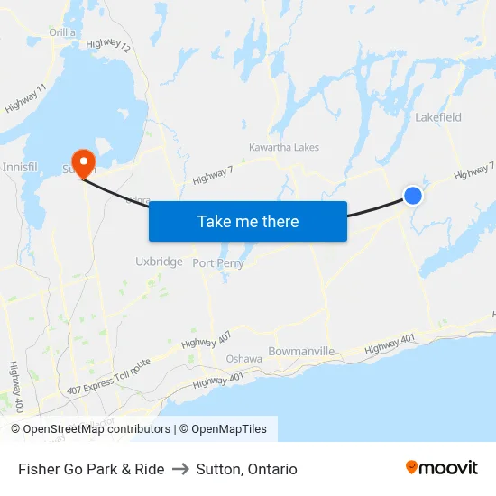 Fisher Go Park & Ride to Sutton, Ontario map