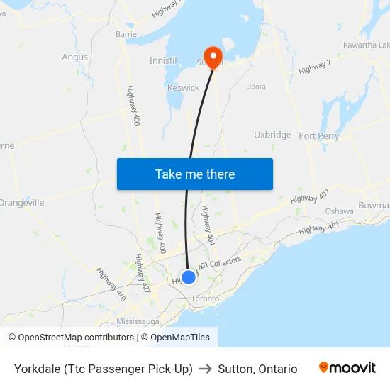 Yorkdale (Ttc Passenger Pick-Up) to Sutton, Ontario map