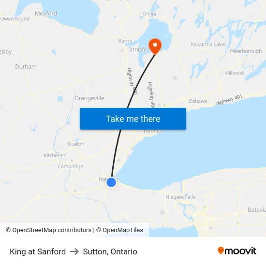 King at Sanford to Sutton, Ontario map