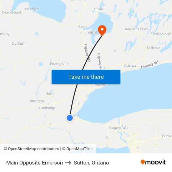 Main Opposite Emerson to Sutton, Ontario map