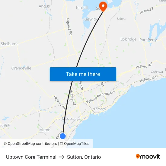 Uptown Core Terminal to Sutton, Ontario map