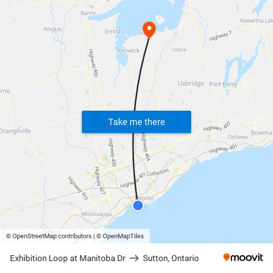 Exhibition Loop at Manitoba Dr to Sutton, Ontario map