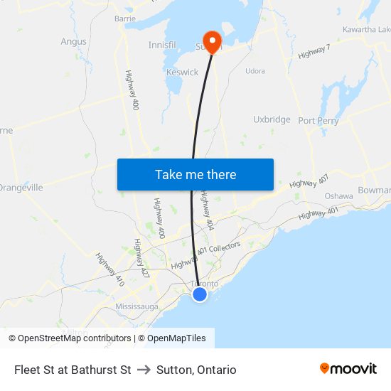 Fleet St at Bathurst St to Sutton, Ontario map