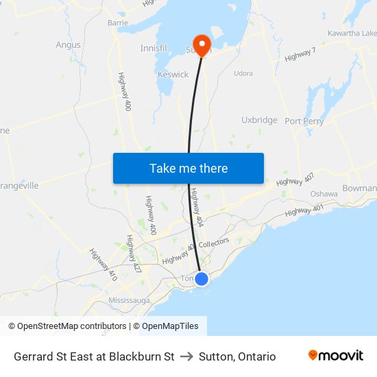 Gerrard St East at Blackburn St to Sutton, Ontario map