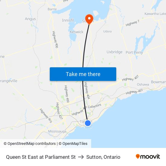 Queen St East at Parliament St to Sutton, Ontario map