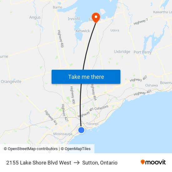 2155 Lake Shore Blvd West to Sutton, Ontario map