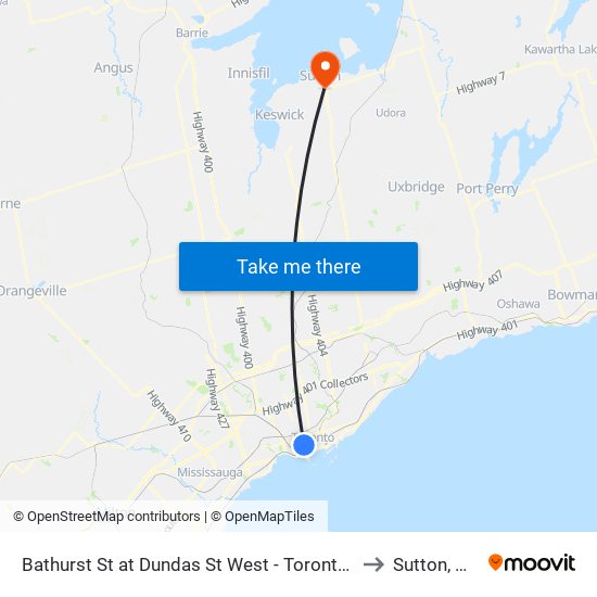Bathurst St at Dundas St West - Toronto Western Hospital to Sutton, Ontario map