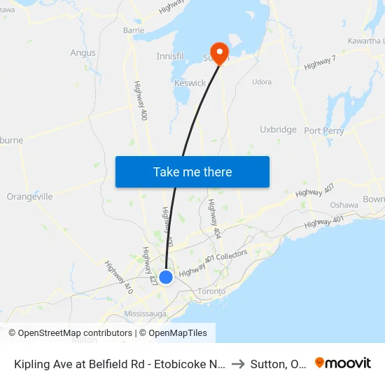 Kipling Ave at Belfield Rd - Etobicoke North Go Station to Sutton, Ontario map