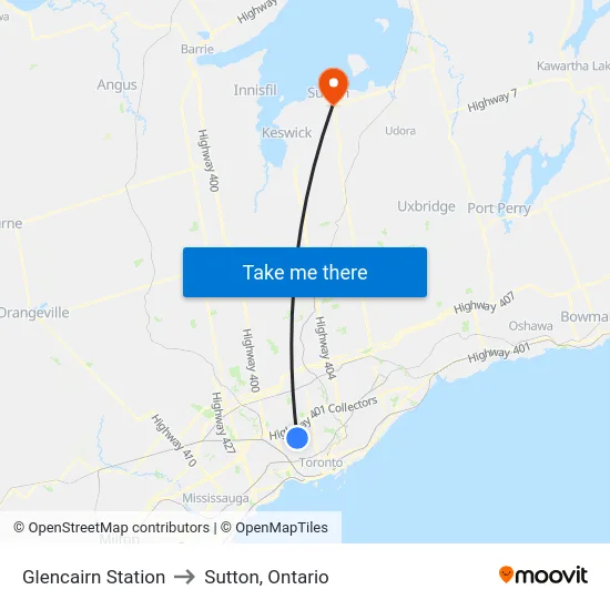Glencairn Station to Sutton, Ontario map