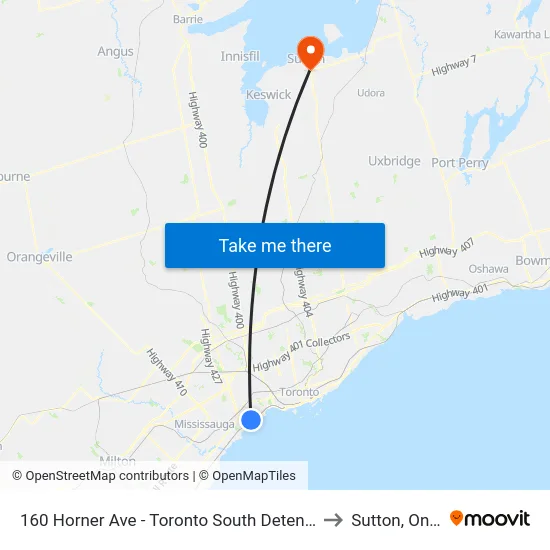 160 Horner Ave - Toronto South Detention Centre to Sutton, Ontario map