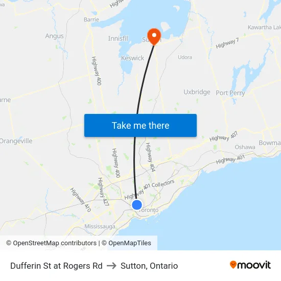 Dufferin St at Rogers Rd to Sutton, Ontario map