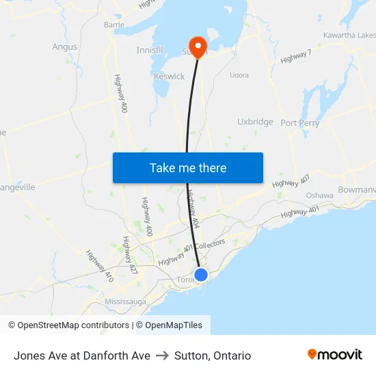 Jones Ave at Danforth Ave to Sutton, Ontario map