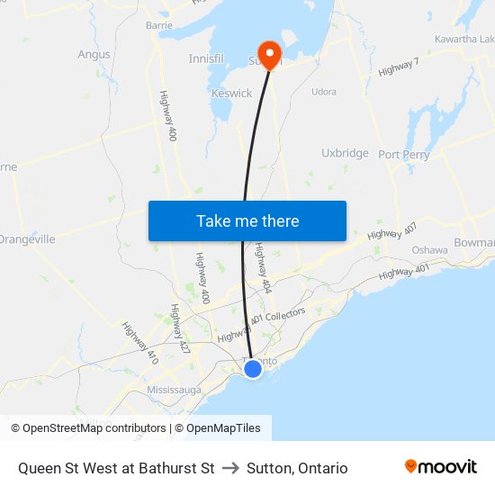 Queen St West at Bathurst St to Sutton, Ontario map