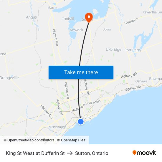 King St West at Dufferin St to Sutton, Ontario map