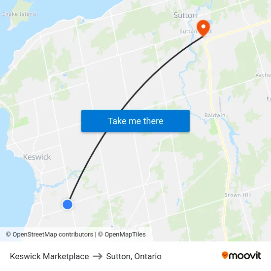 Keswick Marketplace to Sutton, Ontario map