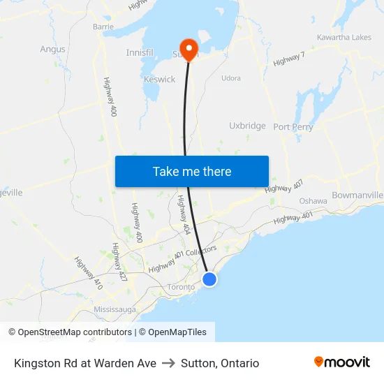Kingston Rd at Warden Ave to Sutton, Ontario map