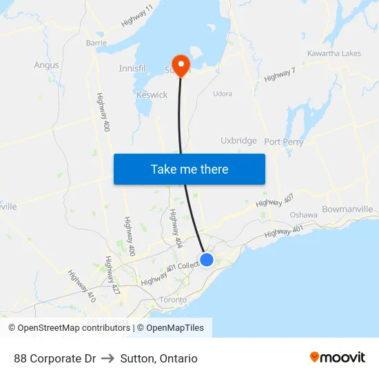 88 Corporate Dr to Sutton, Ontario map
