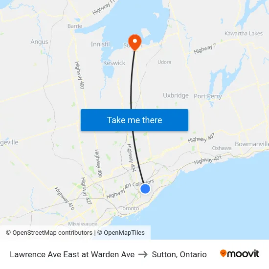 Lawrence Ave East at Warden Ave to Sutton, Ontario map