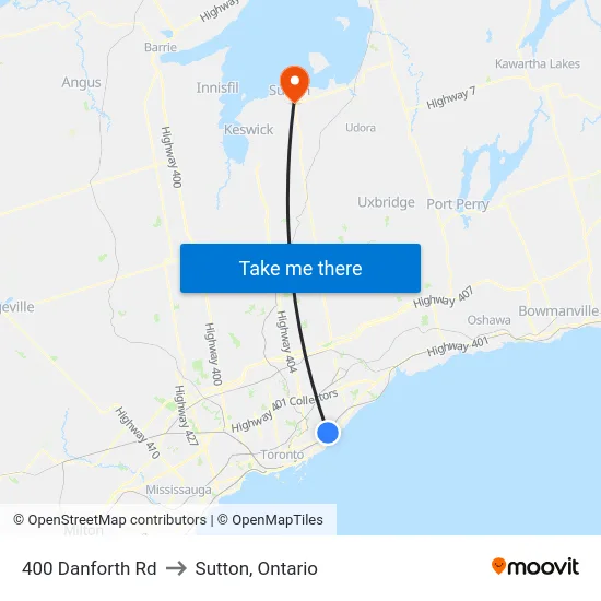 400 Danforth Rd to Sutton, Ontario map
