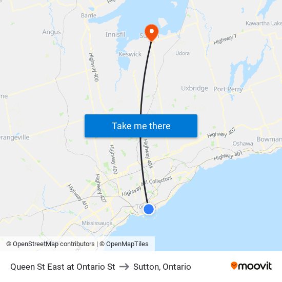 Queen St East at Ontario St to Sutton, Ontario map