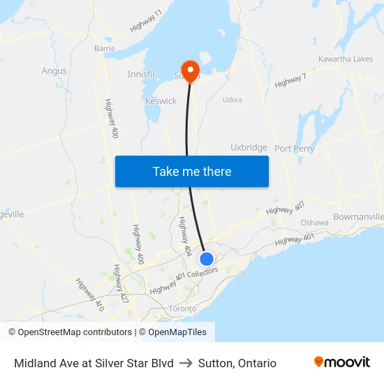 Midland Ave at Silver Star Blvd to Sutton, Ontario map
