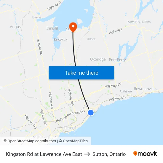 Kingston Rd at Lawrence Ave East to Sutton, Ontario map