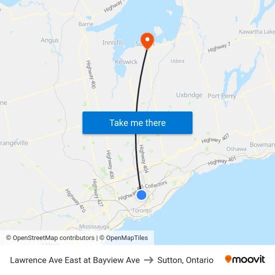 Lawrence Ave East at Bayview Ave to Sutton, Ontario map