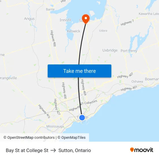 Bay St at College St to Sutton, Ontario map