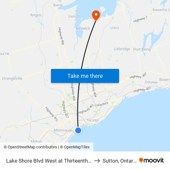 Lake Shore Blvd West at Thirteenth St to Sutton, Ontario map