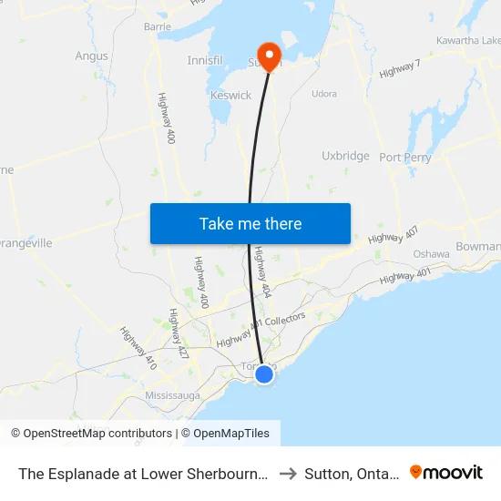 The Esplanade at Lower Sherbourne St to Sutton, Ontario map