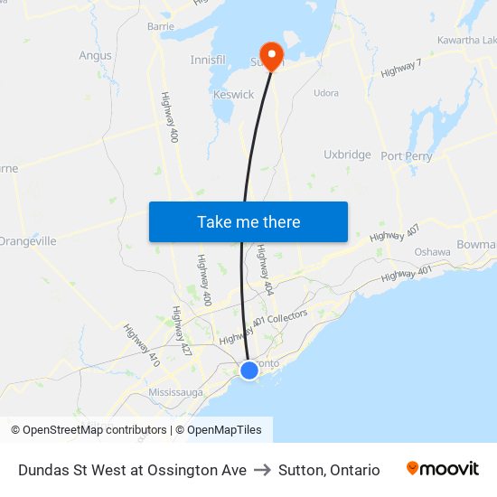 Dundas St West at Ossington Ave to Sutton, Ontario map