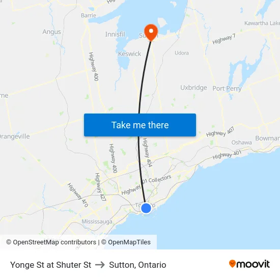 Yonge St at Shuter St to Sutton, Ontario map