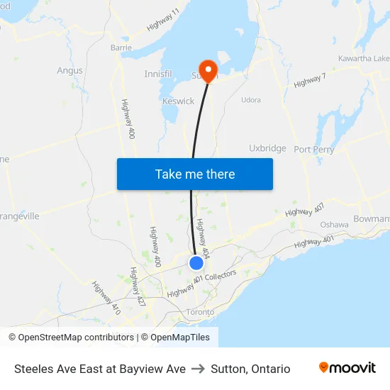 Steeles Ave East at Bayview Ave to Sutton, Ontario map