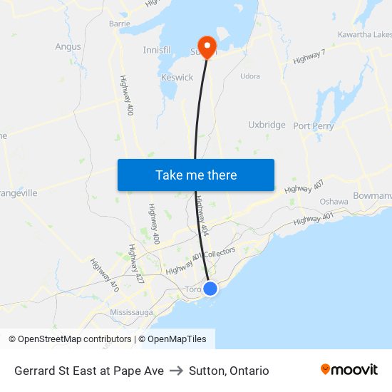 Gerrard St East at Pape Ave to Sutton, Ontario map