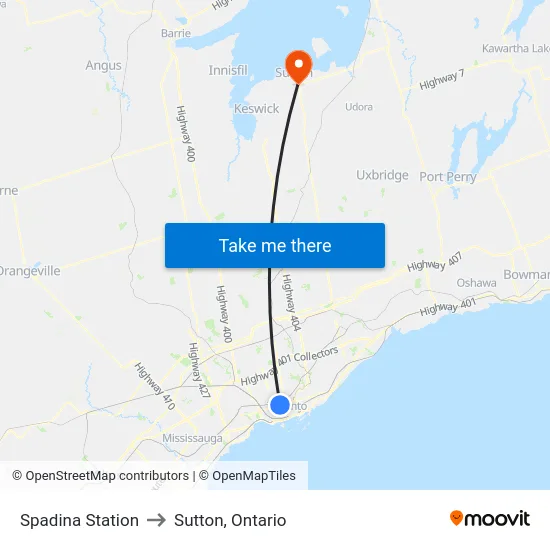 Spadina Station to Sutton, Ontario map