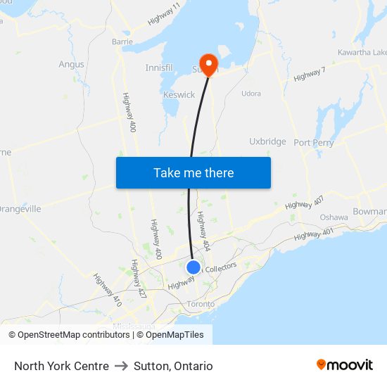 North York Centre to Sutton, Ontario map