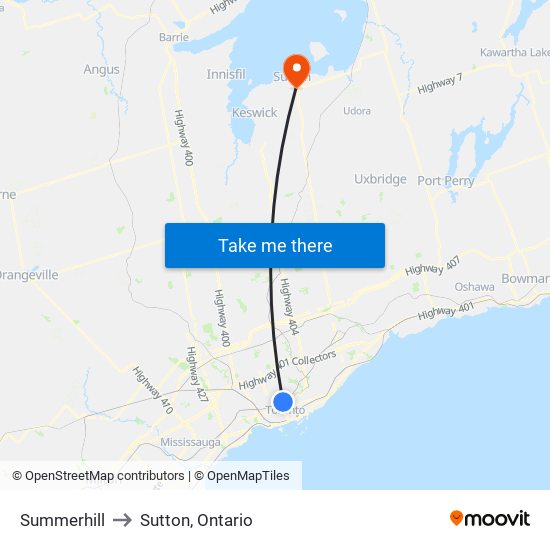 Summerhill to Sutton, Ontario map
