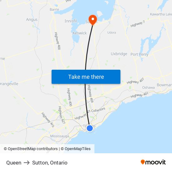 Queen to Sutton, Ontario map