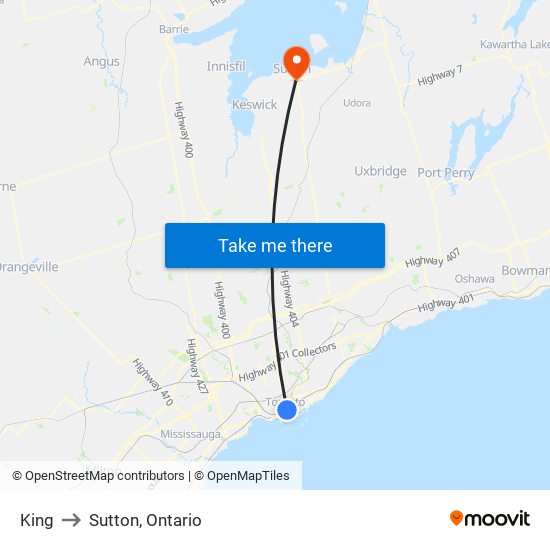 King to Sutton, Ontario map