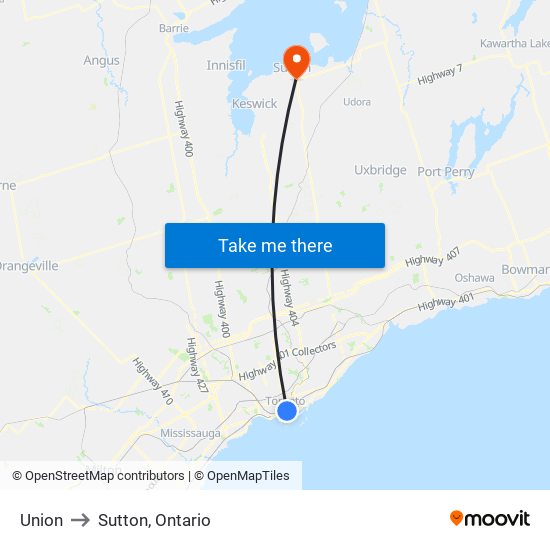 Union to Sutton, Ontario map