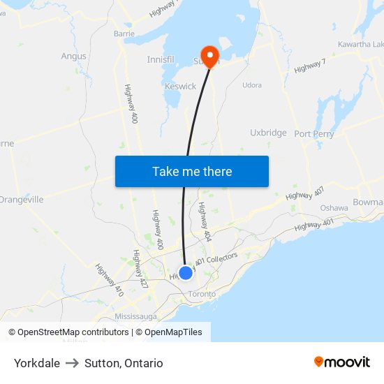 Yorkdale to Sutton, Ontario map